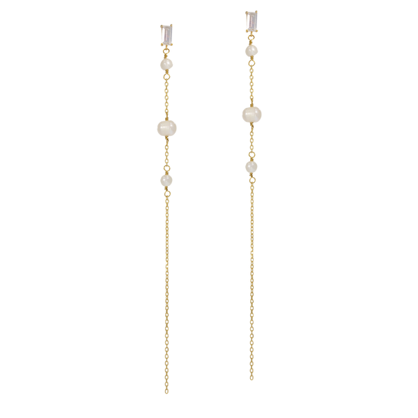 Portrait | Long Dainty Pearl Earrings with Crystal Studs