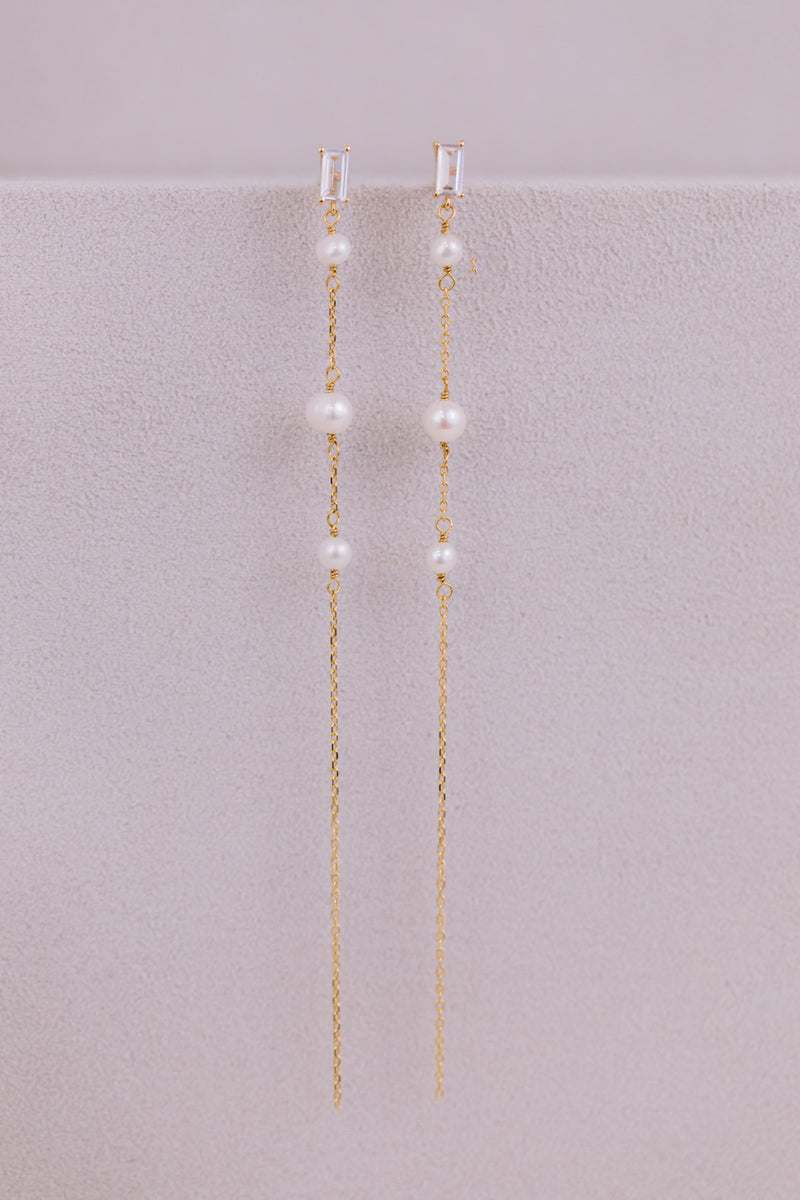 Portrait | Long Dainty Pearl Earrings with Crystal Studs