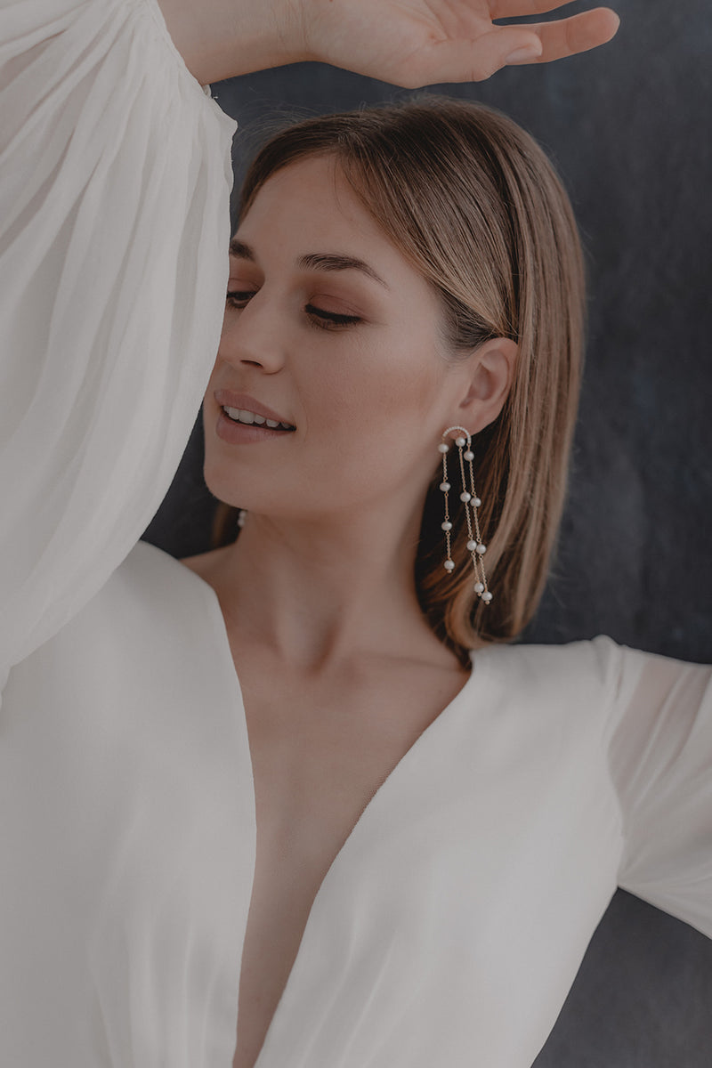 Elenora | half round statement pearl earrings with crystal stud for bride