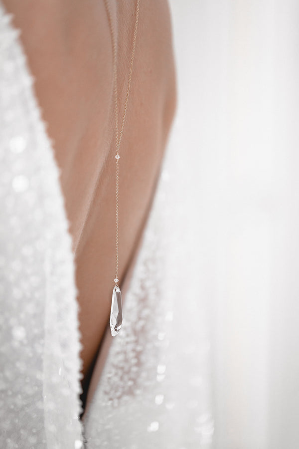 APHRODITE | Modern bridal back necklace with crystal pendant