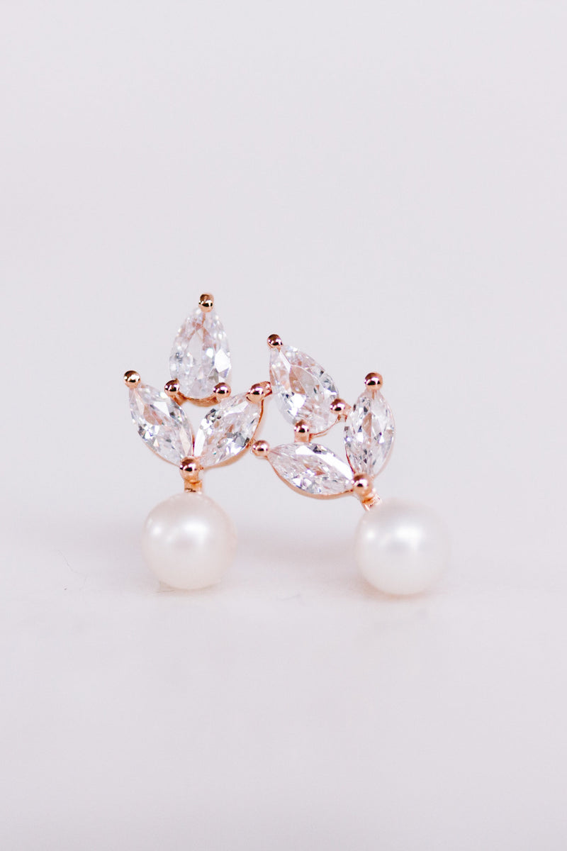 Simply Delightful Rose Gold Crystal Stud Earrings with Pearl Juvelan Bridal Jewelry